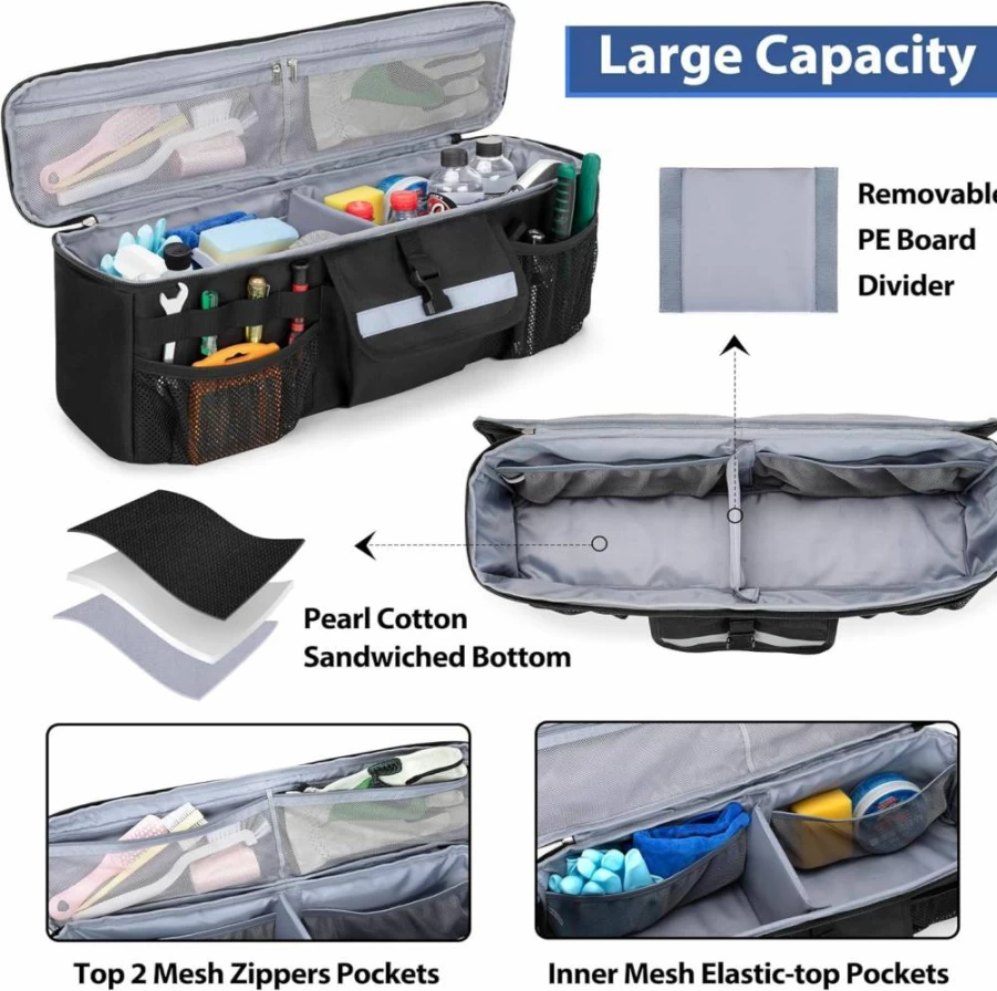 GRAOSO Car Trunk Organizer for Toyota FJ Cruiser (2007-2021) - Heavy-Duty Storage Bag with Multiple Pockets, 3 Hook&Loop Straps & 2 Adjustable Hanging Loops, Black