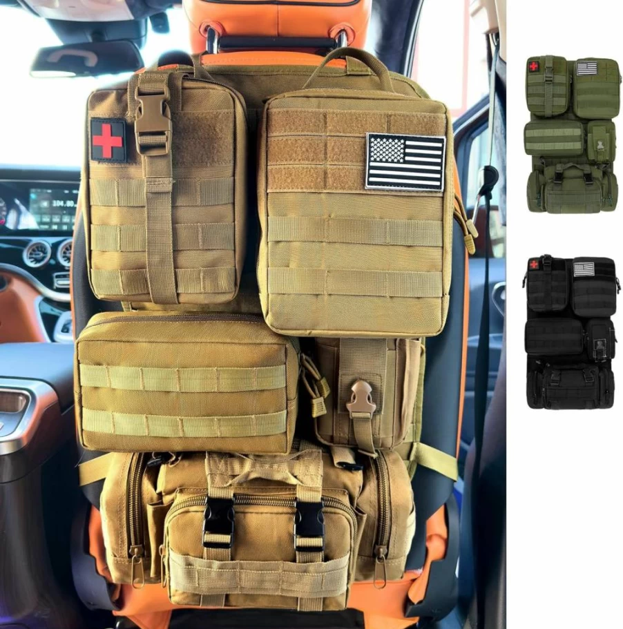 HMLIN OUTDOORS 6 Pack Tactical MOLLE Car Seat Organizer with 5 Detachable Pouches, Universal Vehicle Storage Bag for Jeep Truck SUV Ford Chevy Toyota Honda - Includes US Flag Patch & Keychain (Black)