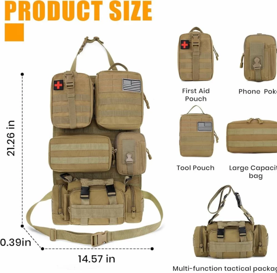 HMLIN OUTDOORS 6 Pack Tactical MOLLE Car Seat Organizer with 5 Detachable Pouches, Universal Vehicle Storage Bag for Jeep Truck SUV Ford Chevy Toyota Honda - Includes US Flag Patch & Keychain (Black)