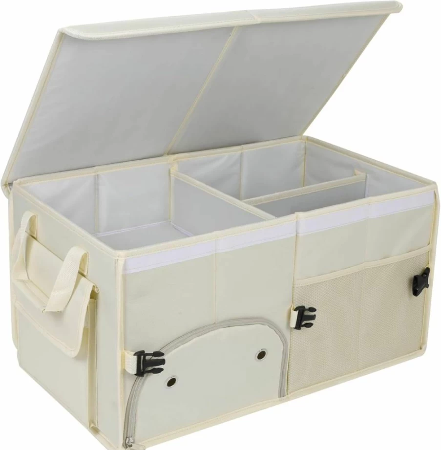 AOKJOY XL Car Trunk Organizer - Collapsible Storage Box with Adjustable Straps & Multi Compartments for SUV, Truck, Sedan (Beige)