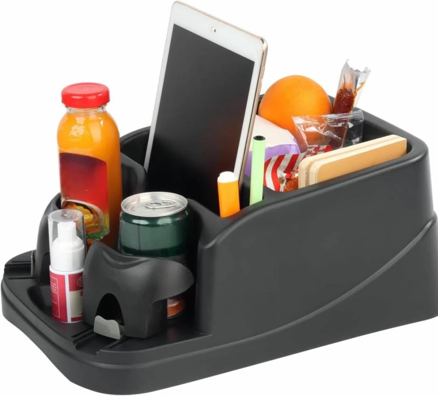 Zinytrae Universal Car Center Console Organizer with 2 Adjustable Cup Holders, Seatbelt Secure Hold for Cars, Trucks, SUVs, Minivans - Durable Truck Floor Console Storage