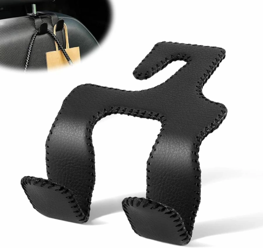 LivTee 2-Pack Premium Leather Car Seat Hooks for Purses, Coats, Bags & Umbrellas - Black & Red Auto Headrest Hangers