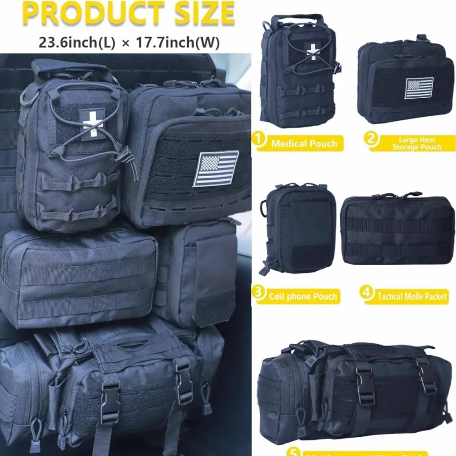 Jimikay Universal Tactical Seat Back Organizer - MOLLE Panel Storage Bag with 5 Detachable Pouches for Jeep, Truck, SUV, Car (Fits Ford, Chevy & More)