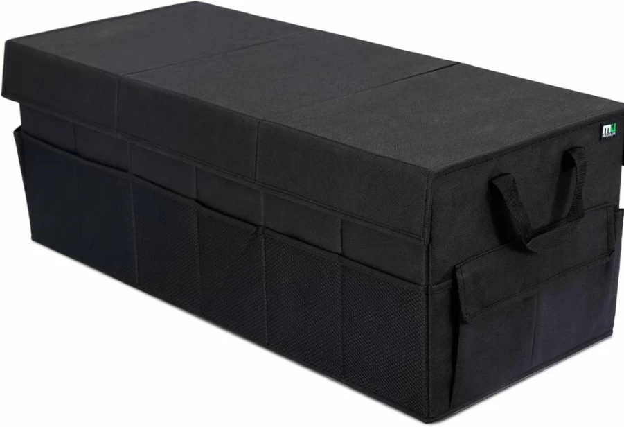 MIU COLOR Extra Large Collapsible Car Trunk Organizer with Lid, Reinforced Leather Handles & Non-Slip Bottom - SUV Van Jeep Storage Box (Black With Strap)