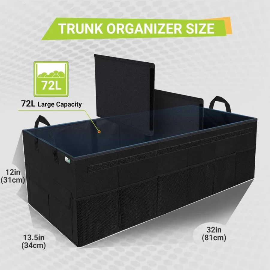 MIU COLOR Extra Large Collapsible Car Trunk Organizer with Lid, Reinforced Leather Handles & Non-Slip Bottom - SUV Van Jeep Storage Box (Black With Strap)