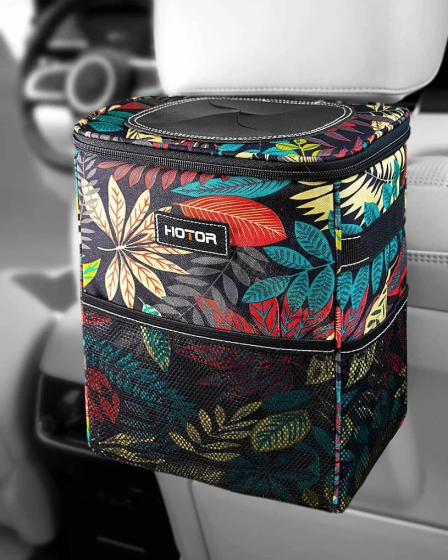 HOTOR Car Trash Can with Lid - 2 Gallon Leak-Proof Waterproof Auto Garbage Bin, Multi-Purpose Vehicle Trash Organizer with Storage Pockets, Black