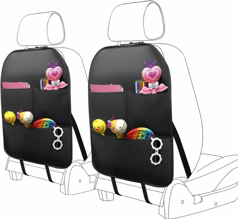 BEITK 2 Pack Black PU Leather Car Seat Back Protector with 3 Storage Pockets, Universal Waterproof Kick Mat for Kids & Pets, Backseat Organizer for Most Vehicles