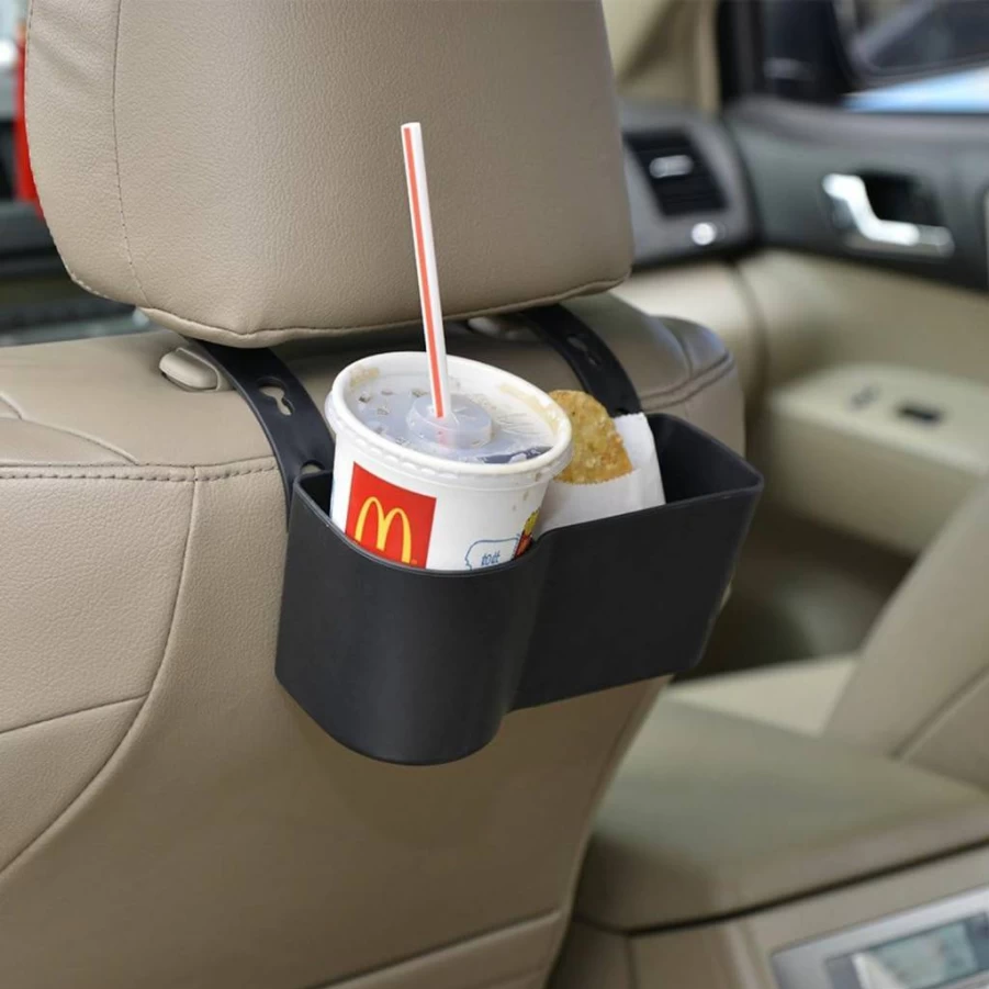 Faguan Universal Car Headrest Organizer with Cup Holder, Food Tray & Storage Pocket - Hands-Free Back Seat Convenience (Black)