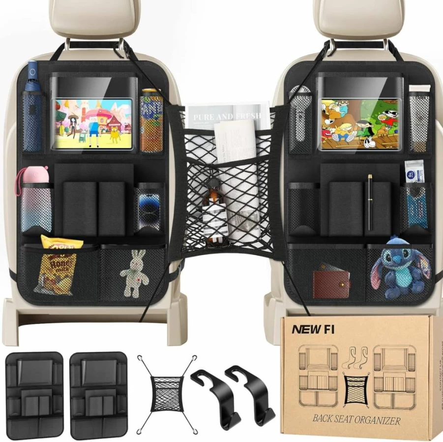 New Fi Backseat Car Organizer with 20 Pockets, Tablet Holder, Seat Net & Headrest Hooks - Safe Storage for Kids & Pets (Black)