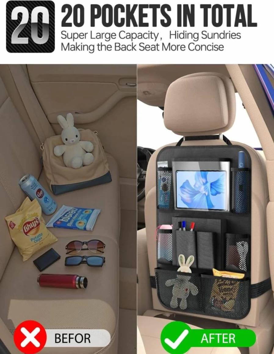 New Fi Backseat Car Organizer with 20 Pockets, Tablet Holder, Seat Net & Headrest Hooks - Safe Storage for Kids & Pets (Black)