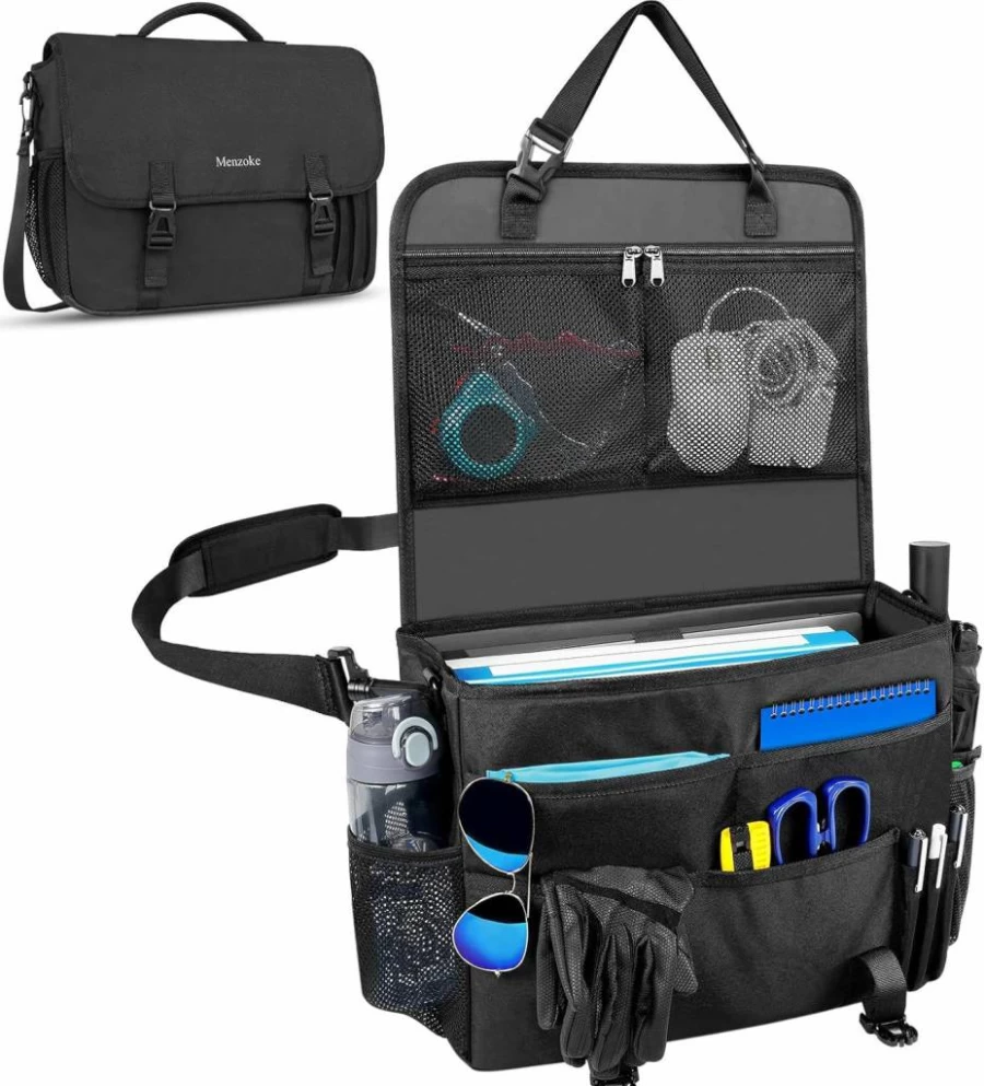MENZOKE Car Seat Organizer with Laptop Compartment - Adjustable Hanging Front Seat Storage Bag for Truck, Office, and Police Use - Black