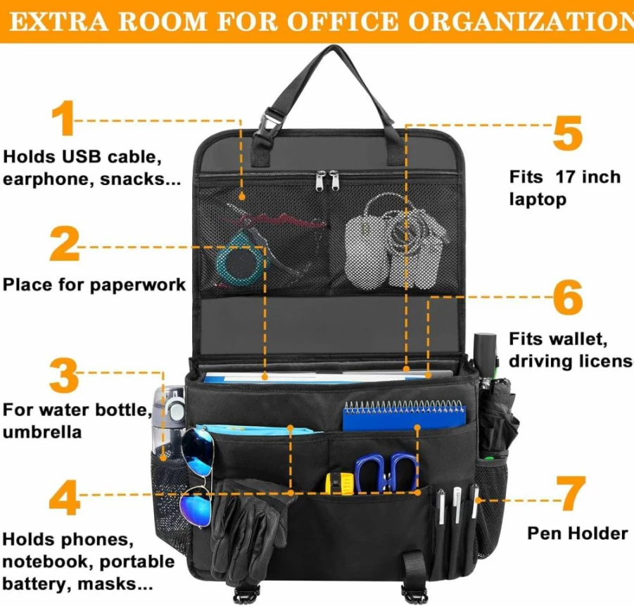 MENZOKE Car Seat Organizer with Laptop Compartment - Adjustable Hanging Front Seat Storage Bag for Truck, Office, and Police Use - Black