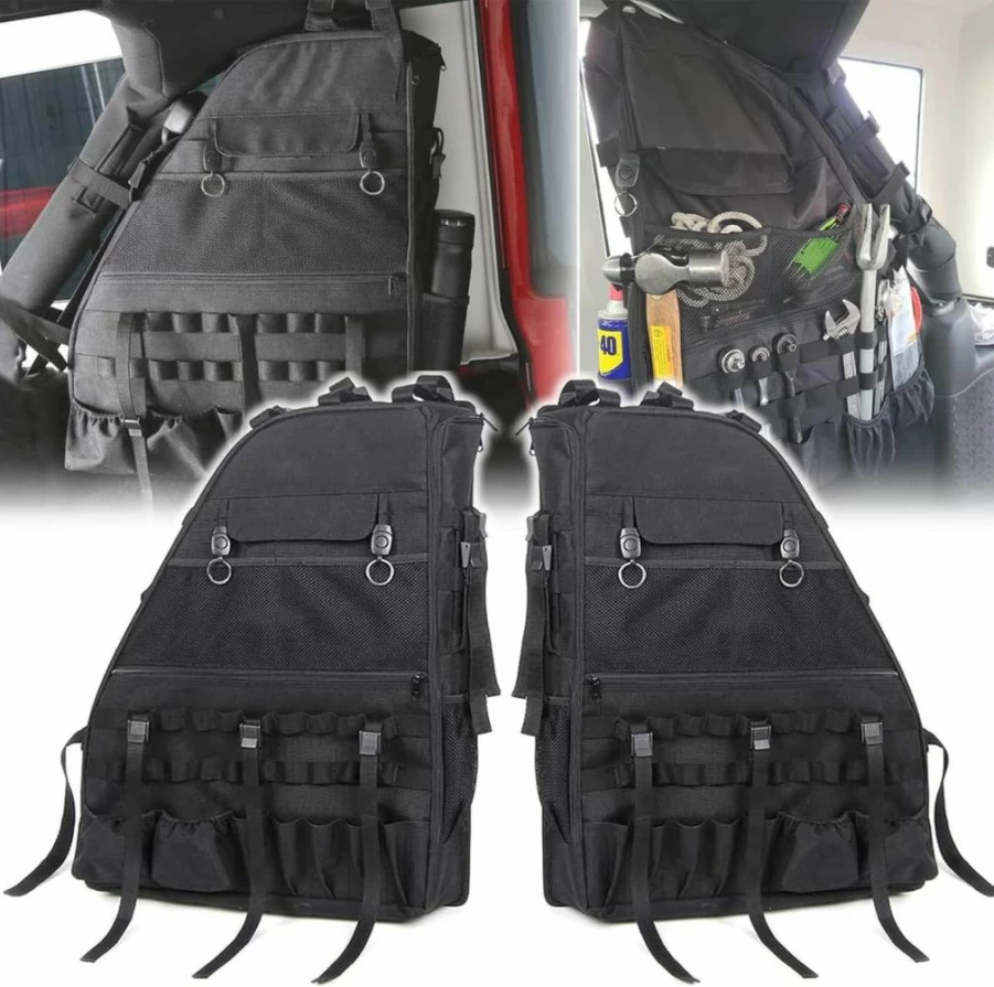 Bolaxin Roll Bar Storage Bag for Jeep Wrangler JK TJ JL & Unlimited (2007-2022) - 2-Pack Multi-Pocket Organizer Saddlebag with Tool Kits