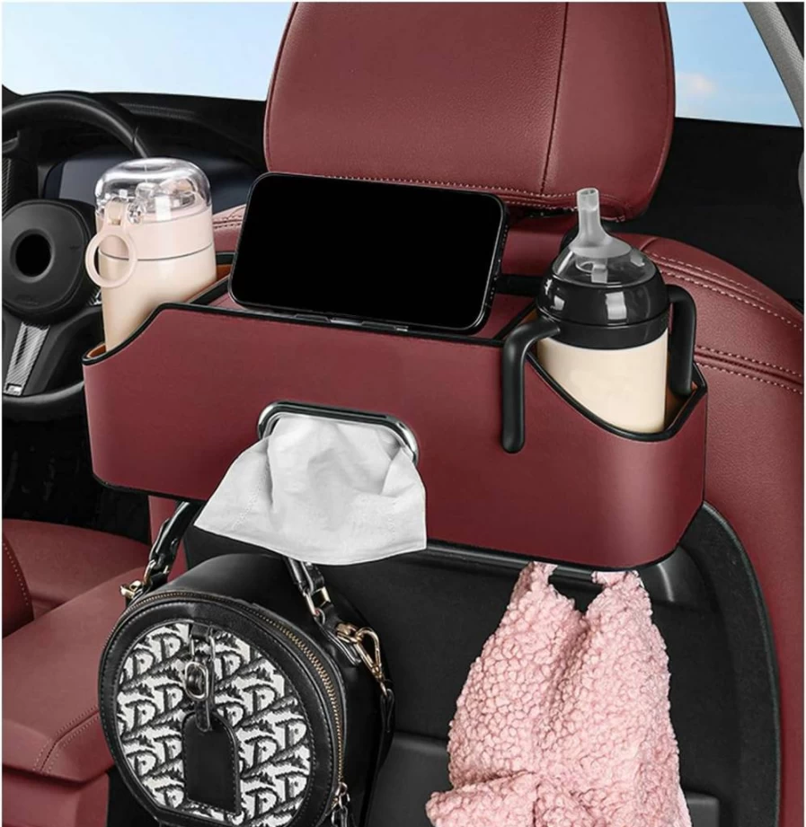 Suvnie Car Seat Back Organizer - 2 Cup Holders, Multi-Pocket Storage, Headrest Hanger for Phones & Toys, Durable Auto Accessory for Travel (Black)