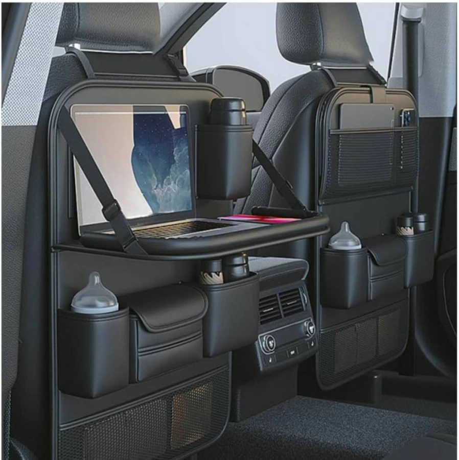 Primst 2 Pack Leather Car Backseat Organizer with Foldable Table Tray, Kick Mats & Tablet Holder – Durable Seat Back Protectors & Storage for Kids