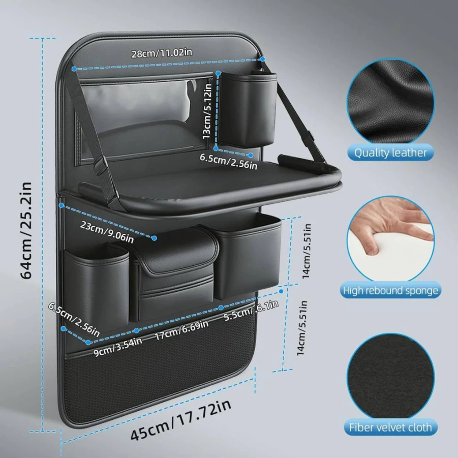 Primst 2 Pack Leather Car Backseat Organizer with Foldable Table Tray, Kick Mats & Tablet Holder – Durable Seat Back Protectors & Storage for Kids