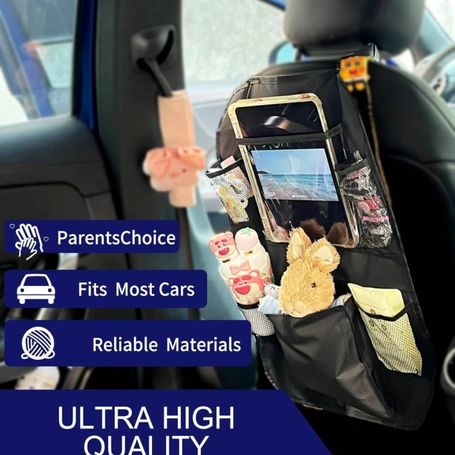 Zntezed 12-Inch Touch Screen Backseat Car Organizer with Tablet Holder, 6 Storage Pockets, Kick Mats - Ultimate Travel Accessories for Kids & Adults