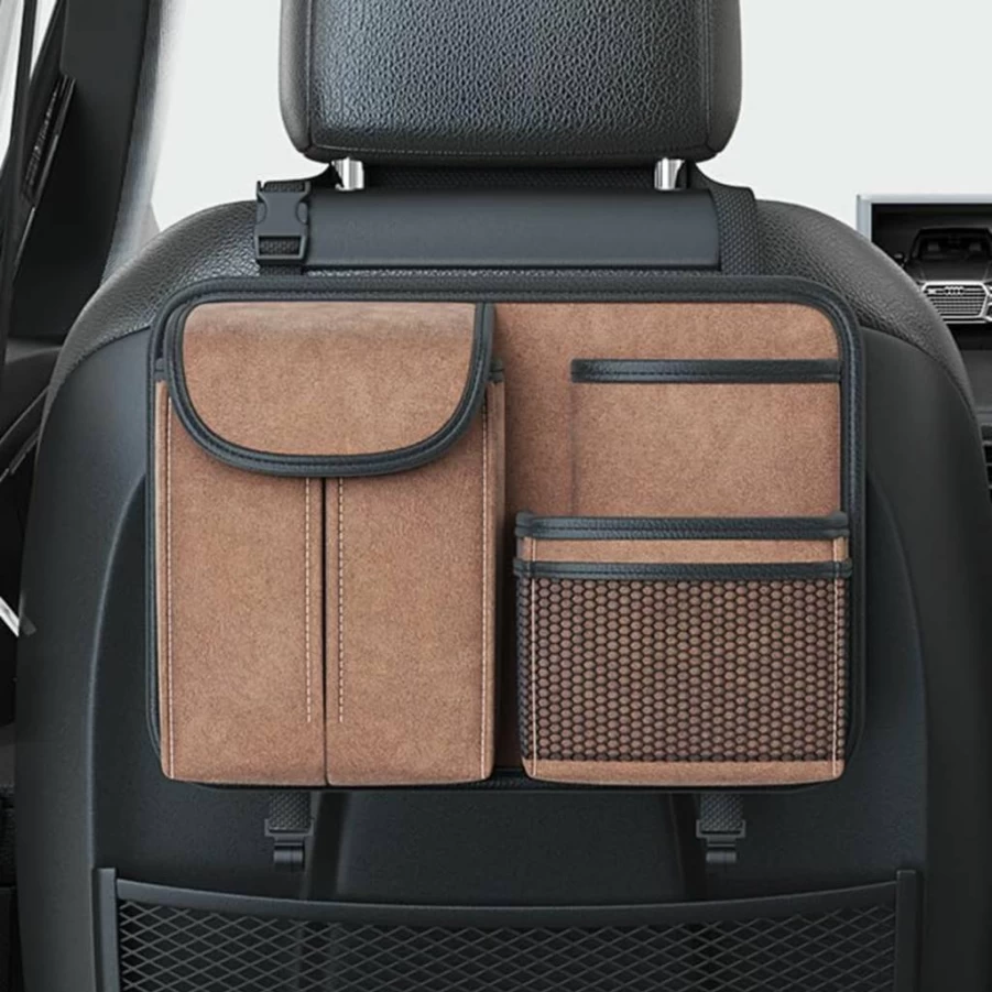 LHLUSA Multifunctional Car Seat Back Organizer with Cup Holders & Tissue Box, Compatible with Skoda Roomster/Yeti/Yeti Outdoor (2006-2017), 5L Storage, Brown