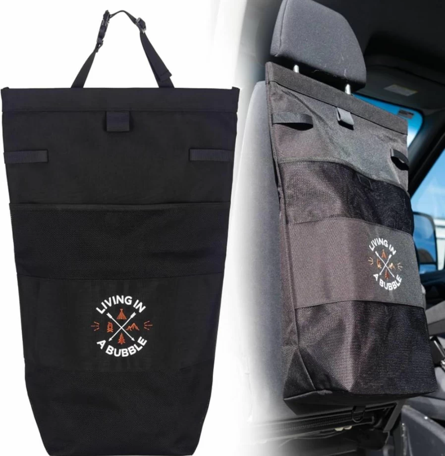 Living in a Bubble Premium Vanlife Utility Bag - Multipurpose Car Seatback Organizer, Laundry Storage & Campervan Accessory - Grey