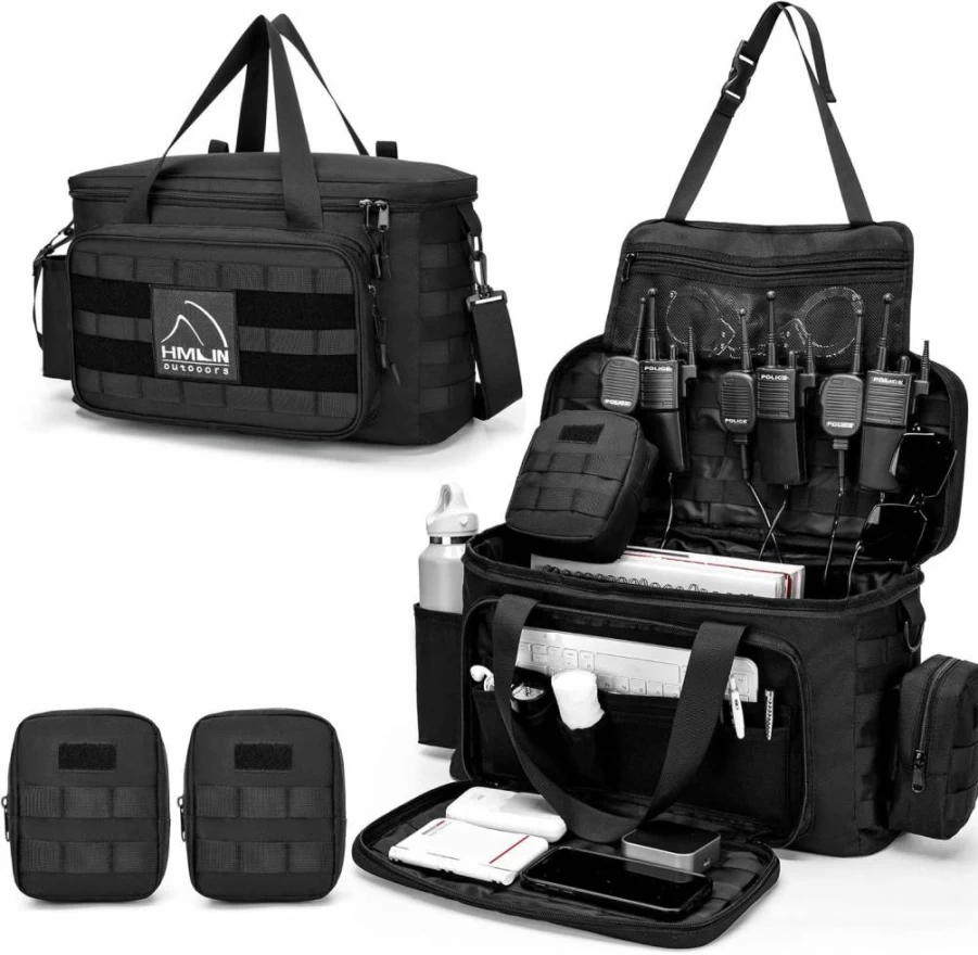 HMLIN OUTDOORS Patrol Bag - Water Resistant Police Duty Gear Bag with MOLLE System, Cup Holders for Car Front Seat, Law Enforcement & Tactical Use