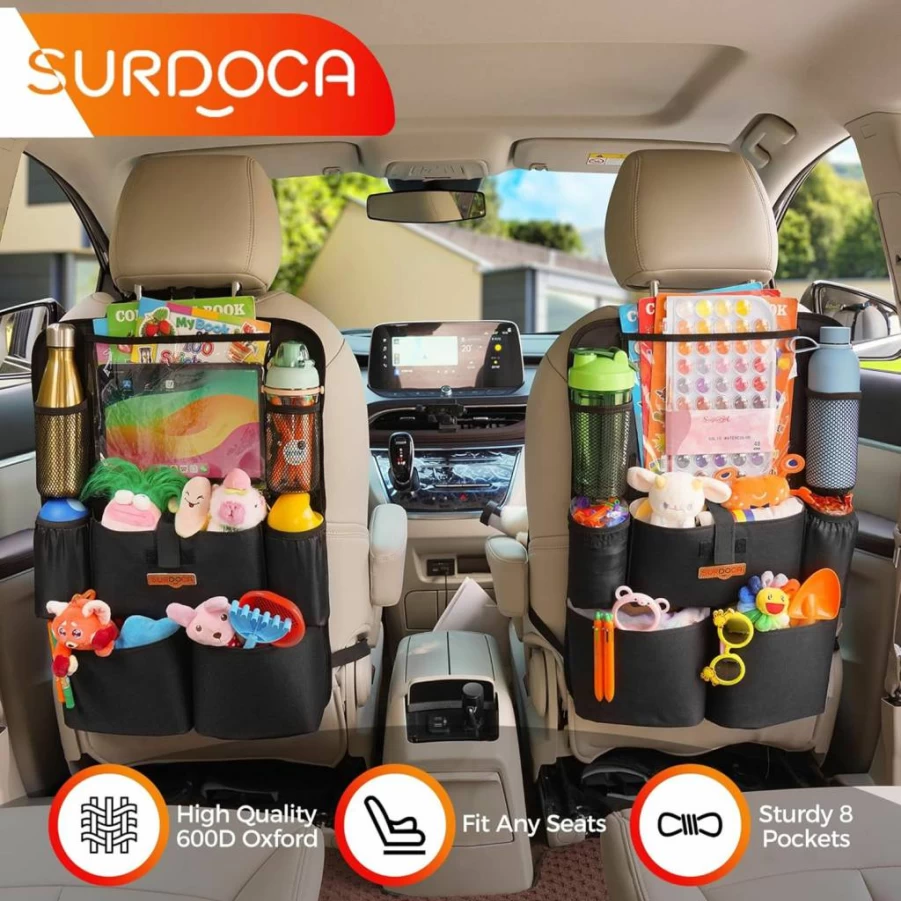SURDOCA Car Seat Organizer with 11-Inch Tablet Holder, 8 Storage Pockets, Car Seat Protector for Kids, Travel Accessories for Road Trips