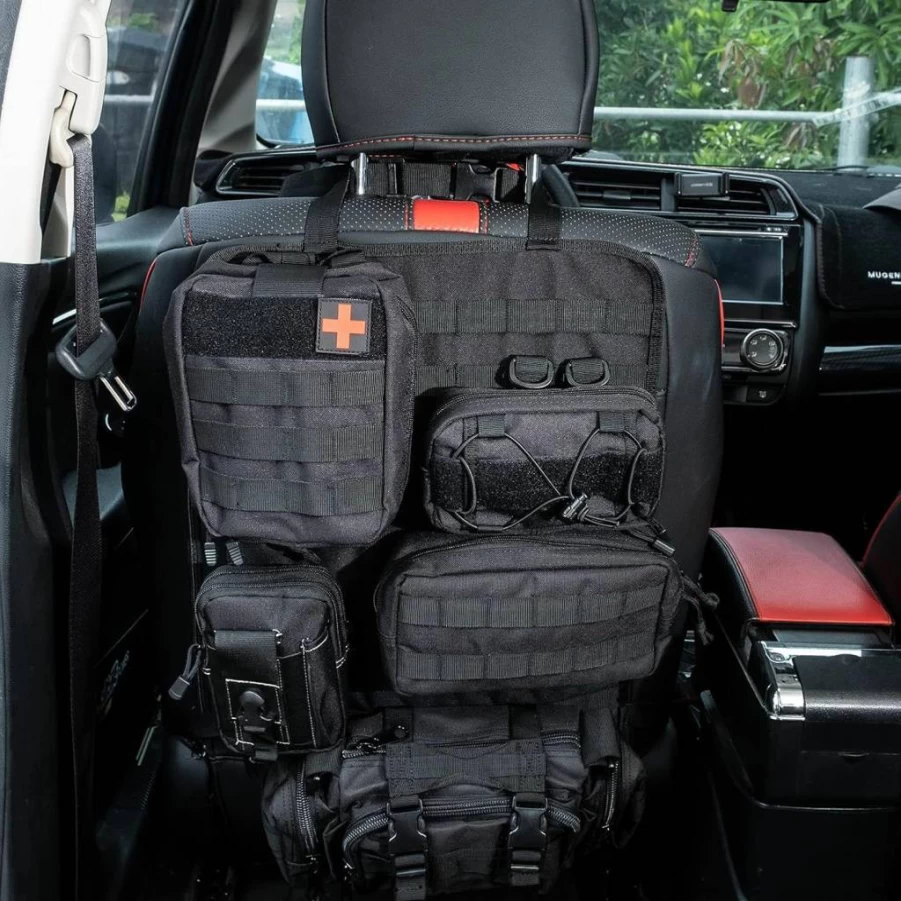LWYSZB Tactical Car Seat Organizer - 5 Detachable MOLLE Pouches, Medical Kit & Storage Panel for SUV, Truck, Jeep (Fits Ford, Chevy, Toyota)