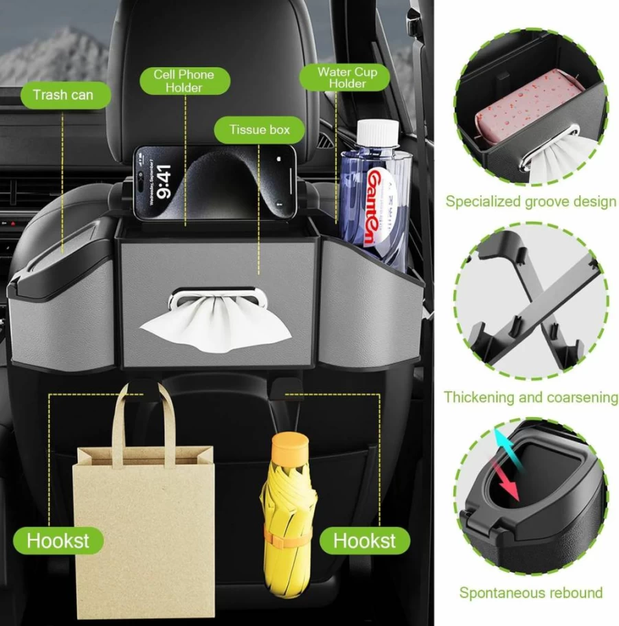 KAHCOP Car Seat Back Organizer with 2 Cup Holders, Built-In Waste Bin, and Spacious Storage for Tissues, Keys, Umbrellas, Glasses - Universal Hanging Storage Box for Cars and SUVs (Black)