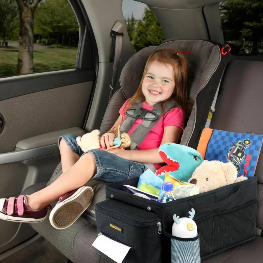 DiGeeONE Car Seat Organizer with Lid, 7 Mesh Pockets, Cup Holder & Tissue Box – Back Seat Storage for Kids, Road Trip Essentials & Vehicle Organization