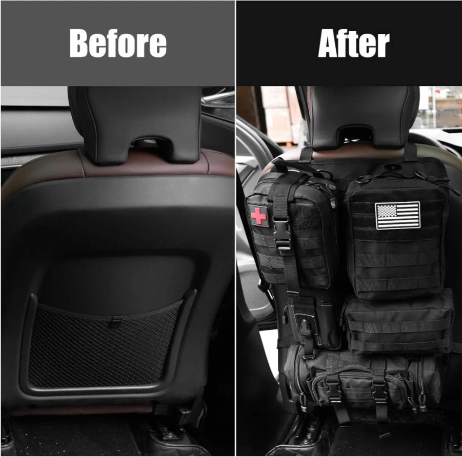 Viaviat Car Seat Organizer - Premium Leather Storage Bag with Adjustable Strap, Multiple Compartments & Cup Holders for Front Passenger Seat (Beige)