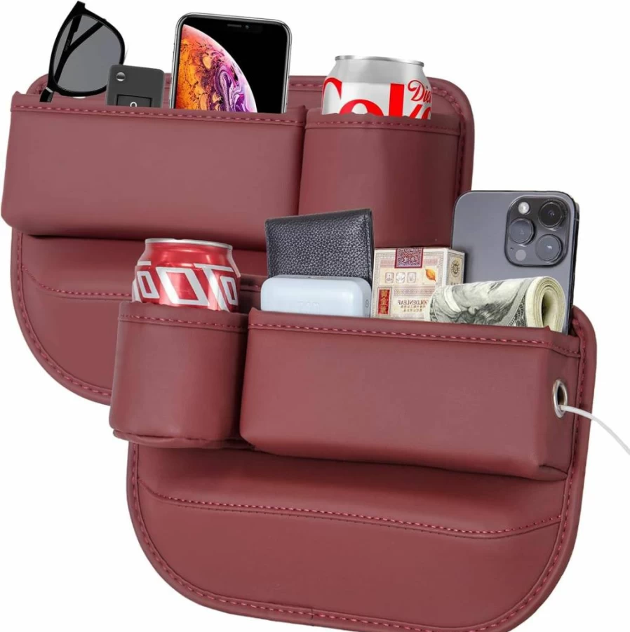 Aizvo 2-Pack Premium Leather Car Seat Gap Organizer with Cup Holder - Universal Fit for Phones, Keys, Wallets, Cans - Black