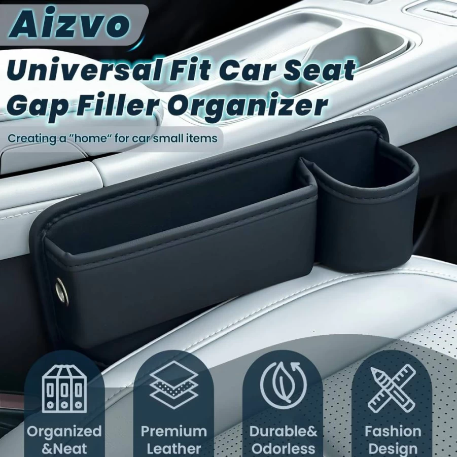 Aizvo 2-Pack Premium Leather Car Seat Gap Organizer with Cup Holder - Universal Fit for Phones, Keys, Wallets, Cans - Black