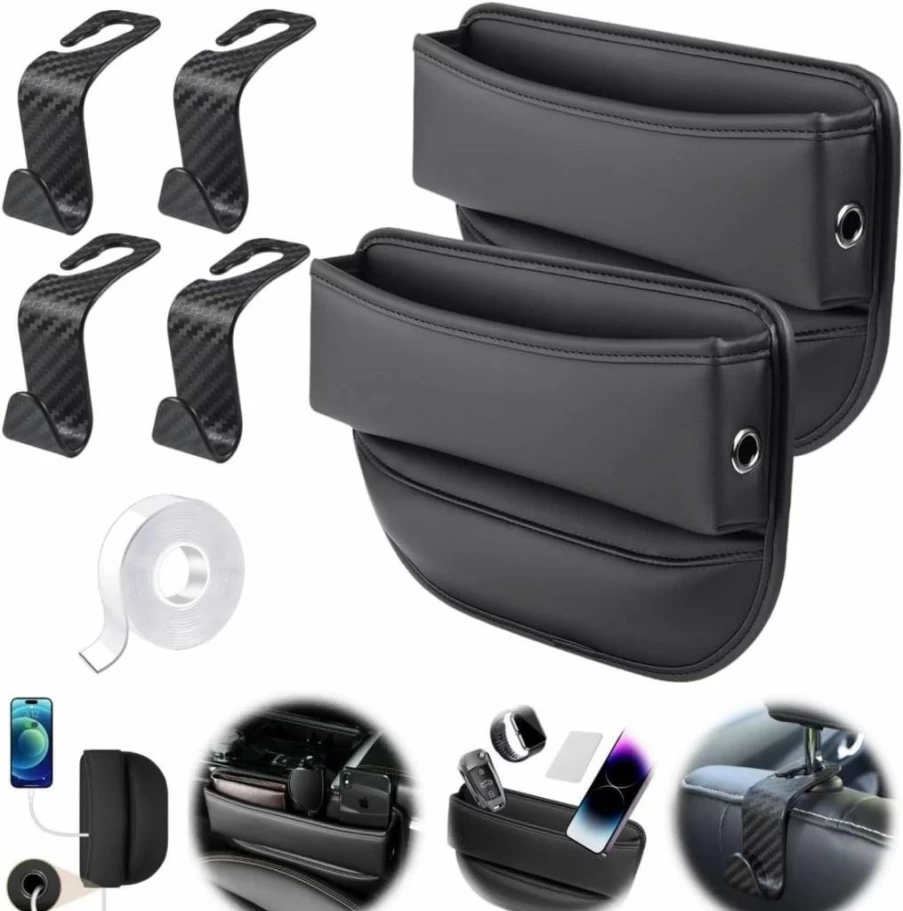 HLWQ 2 Pack Universal Car Seat Gap Organizer with 4 Hooks - Storage Box for SUV, Truck & Van - Holds Phone, Sunglasses, Wallets, Keys - Front Seat Console Organizer