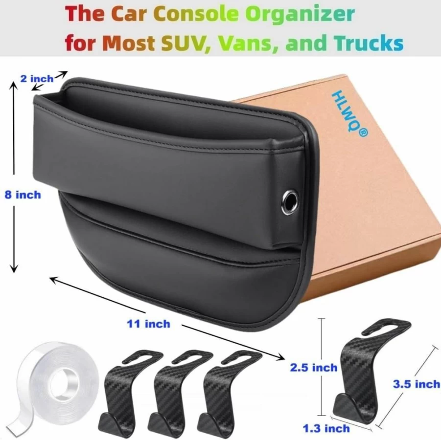 HLWQ 2 Pack Universal Car Seat Gap Organizer with 4 Hooks - Storage Box for SUV, Truck & Van - Holds Phone, Sunglasses, Wallets, Keys - Front Seat Console Organizer
