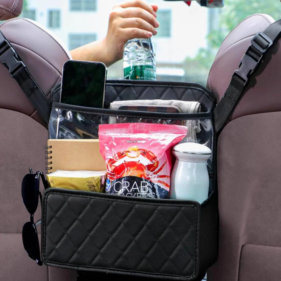 FrgKbTm Car Seat Gap Organizer - PU Leather Handbag Holder, Large Capacity Storage Pocket for Purse, Phone & Accessories Between Seats (Black)