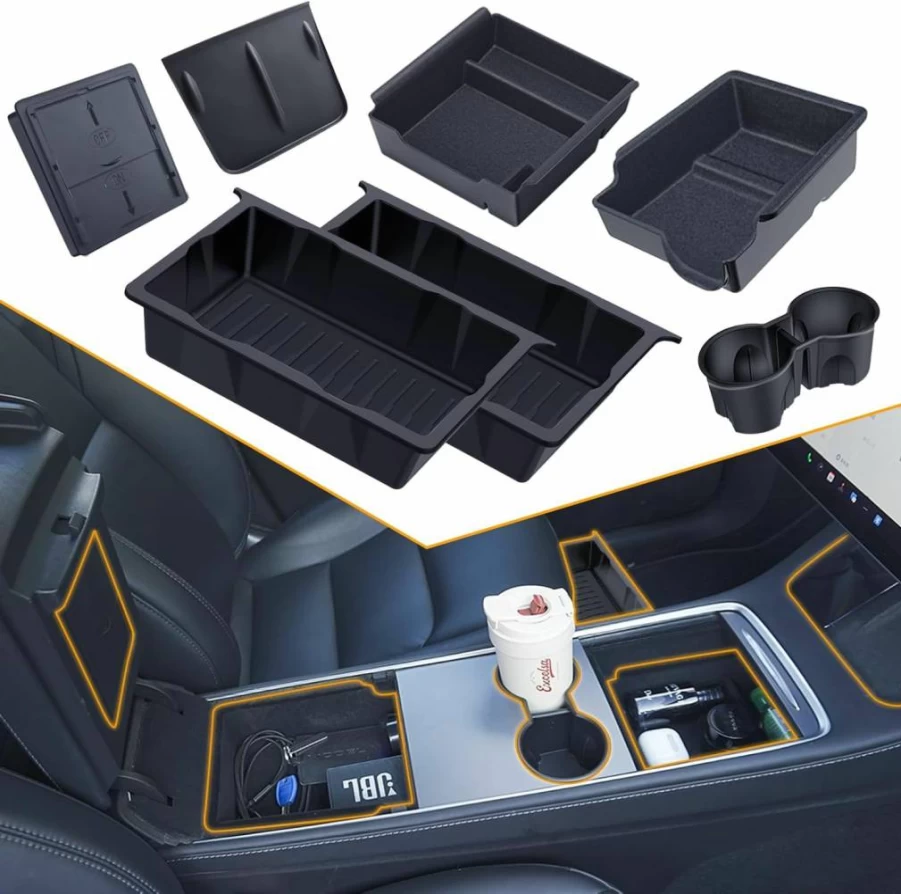 BANKKY Center Console Organizer for Tesla Model Y 2020-2024 - 5PCS Armrest Storage Tray Set with Hidden Compartments, Cup Holder Insert & Under Seat Storage Box