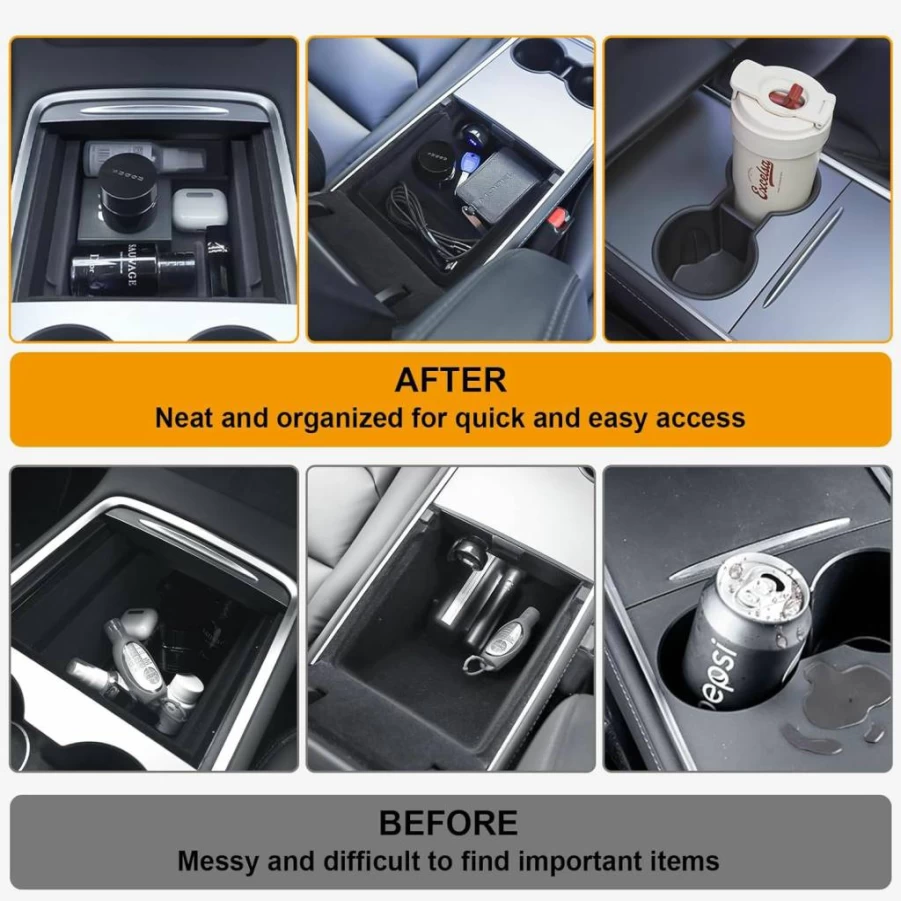 BANKKY Center Console Organizer for Tesla Model Y 2020-2024 - 5PCS Armrest Storage Tray Set with Hidden Compartments, Cup Holder Insert & Under Seat Storage Box