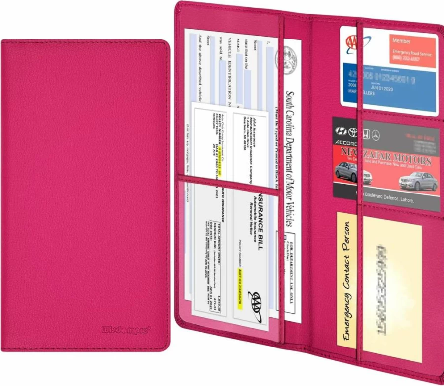 Wisdompro Leather Car Document Holder - Organizer for Vehicle Registration, Insurance Cards, ID, Driving License & Contact Info