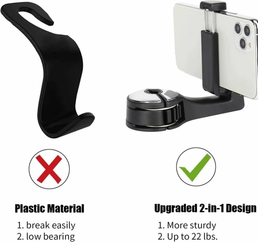 TOOVREN 2-in-1 Car Headrest Hooks with Phone Holder - Heavy Duty Silver Car Seat Organizer for Purses, Backpacks, Toys & Bottles - 2 Pack Vehicle Storage Hooks