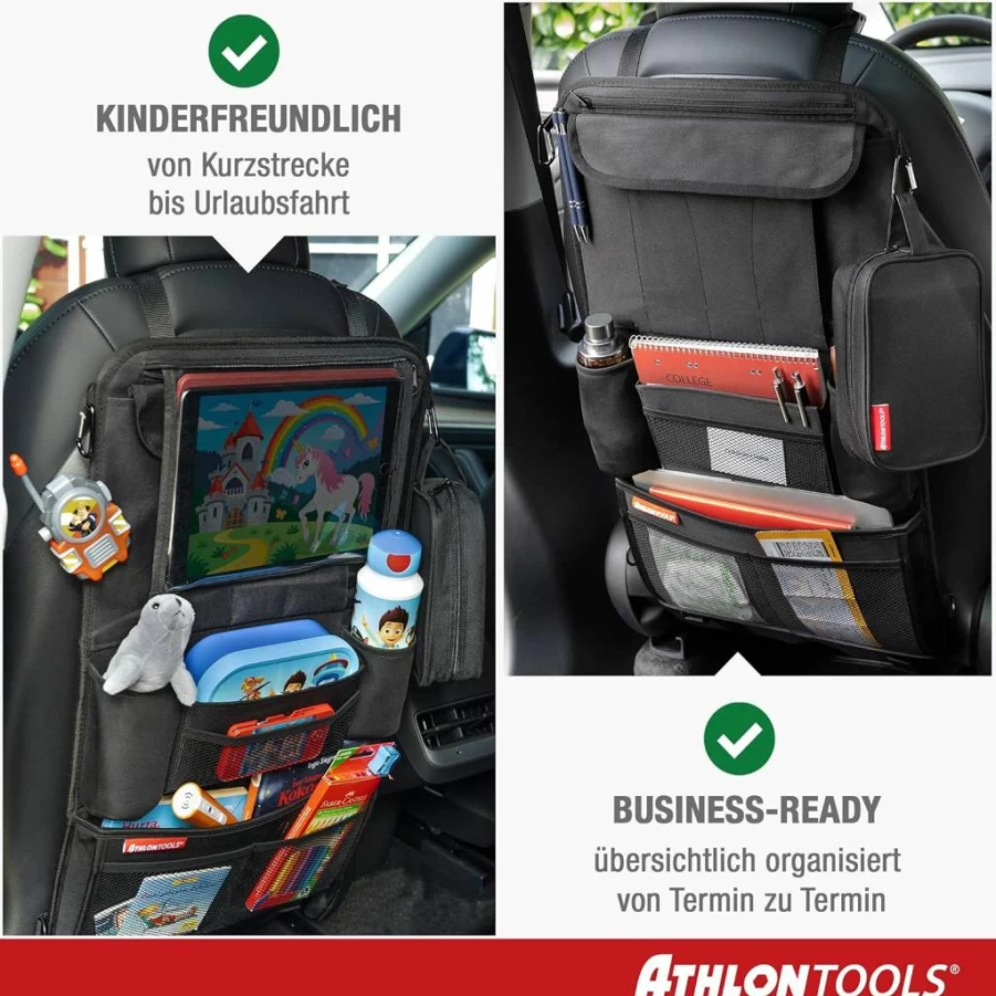 ATHLON TOOLS Car Seat Organizer with Tablet Holder - Reinforced Back, Extra Pen Pockets - Universal Fit for Business & Kids - German Design