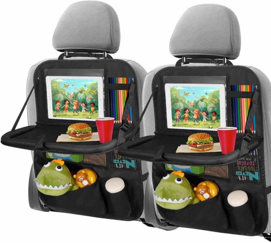 KOHUIJOO 2-Pack Car Back Seat Organizer with Tablet Holder, 6 Storage Pockets, Foldable Tray & Kick Mat for Kids, Travel Car Seat Protector
