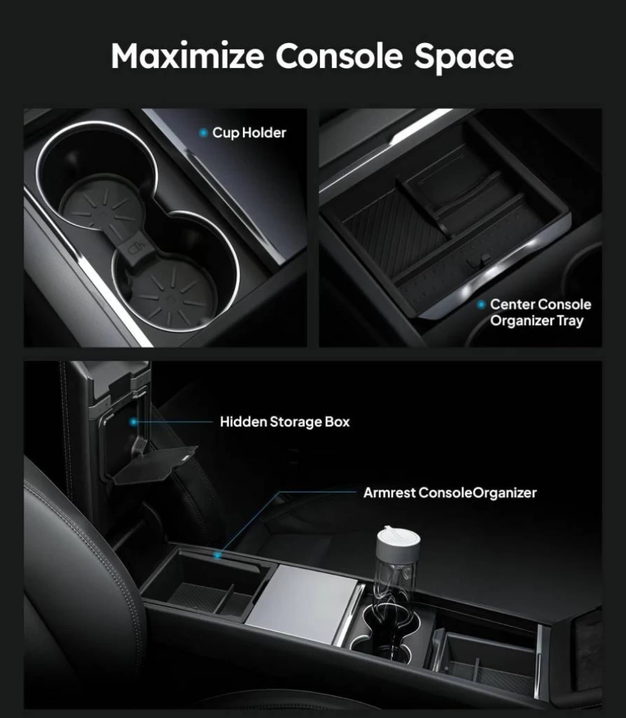 Wigoo Tesla Model 3 & Model Y Center Console Organizer (2024-2025) - Double Layer Storage, Smooth Sliding Design, 4-Piece Set, Black Accessories