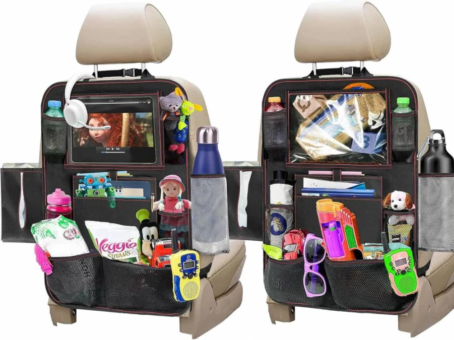 EcoNour Waterproof Car Back Seat Organizer (2-Pack) – 600D Oxford Fabric with 9 Pockets, Tablet Holder & Universal Fit Kick Mats – Durable Grey Seat Protectors