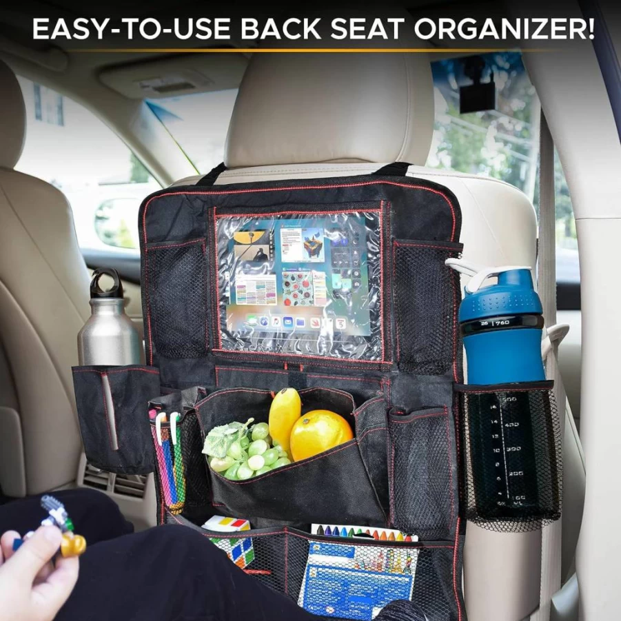 EcoNour Waterproof Car Back Seat Organizer (2-Pack) – 600D Oxford Fabric with 9 Pockets, Tablet Holder & Universal Fit Kick Mats – Durable Grey Seat Protectors