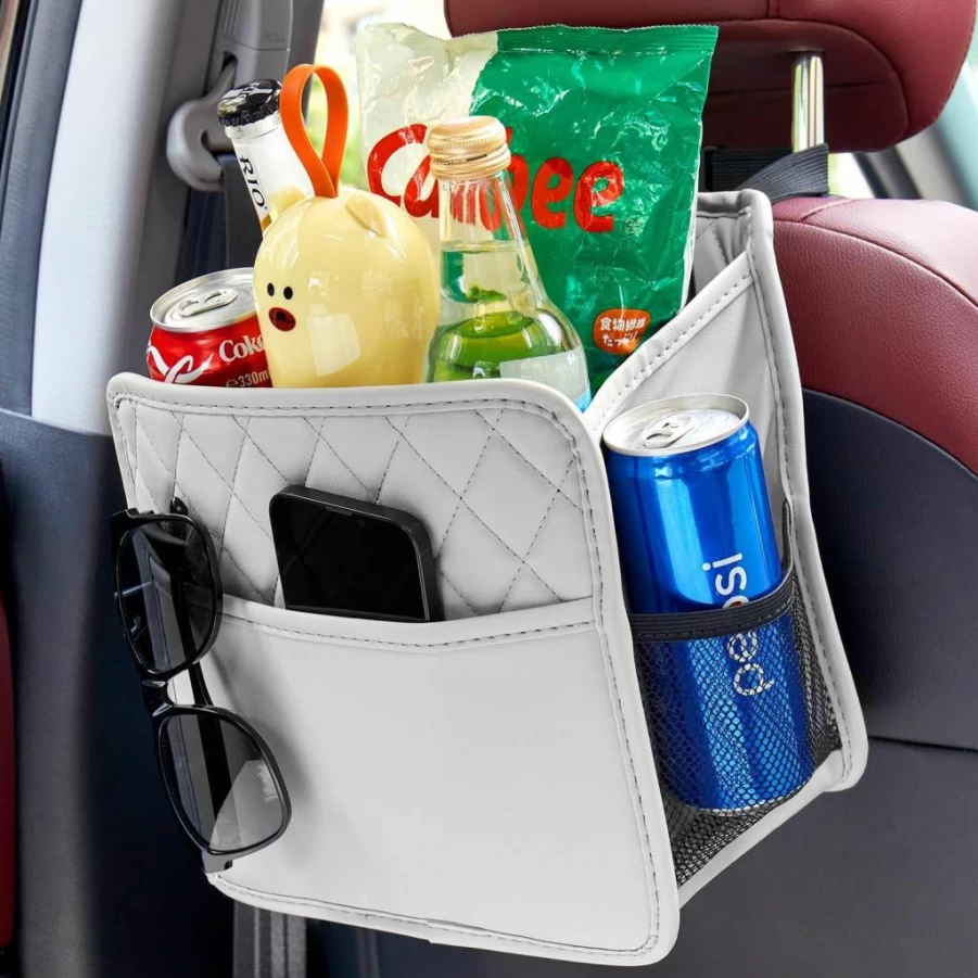 KOHUIJOO Leather Waterproof Car Seat Organizer with Cup Holders - Backseat Hanging Storage Bag for Headrest & Seat Gap Organization