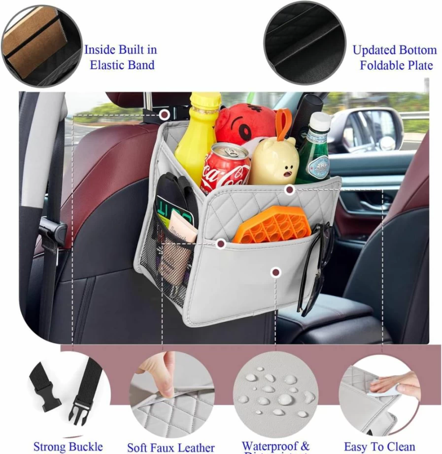 KOHUIJOO Leather Waterproof Car Seat Organizer with Cup Holders - Backseat Hanging Storage Bag for Headrest & Seat Gap Organization