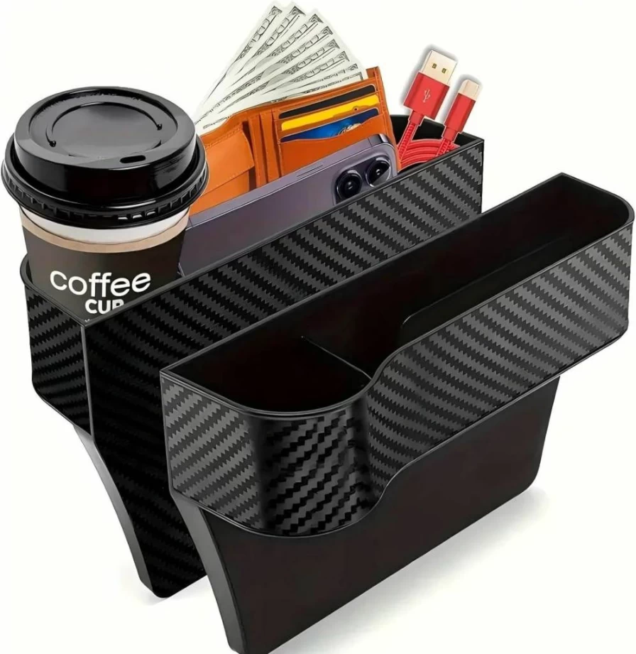 MORDEN MS 2 Pack Car Seat Gap Organizer with Cup Holders - Carbon Fiber Pattern Storage Box for Passenger & Driver Side, Auto Console Side Extender for Phones & Accessories