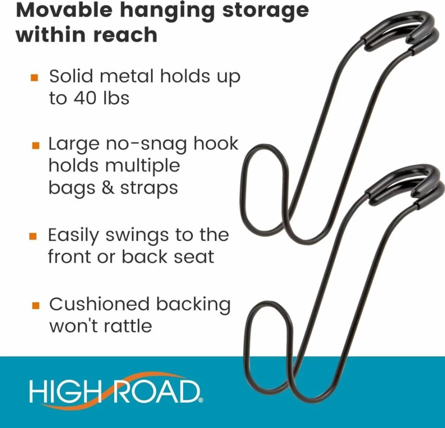 High Road Unbreakable Car Seat Hooks 2-Pack - Heavy Duty 40 lbs Capacity for Purses, Backpacks, Coats - Universal Fit for All Headrest Posts