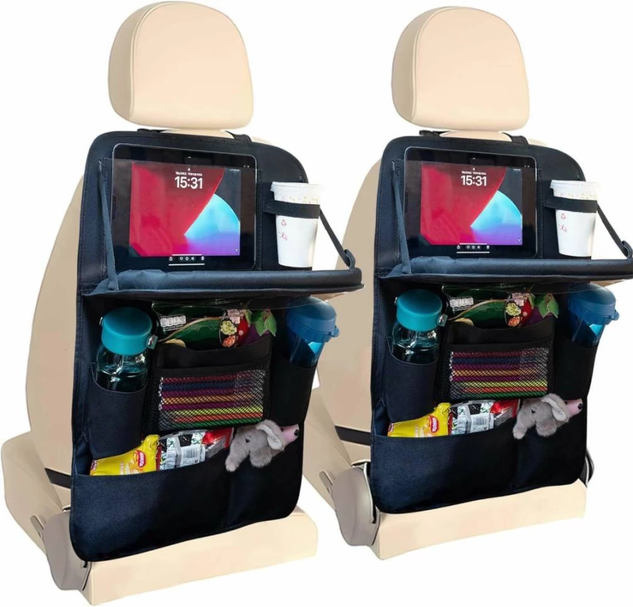 Haoxiang A-P 2 Pack Backseat Car Organizer with Foldable Tablet Holder, 9 Storage Pockets, Waterproof Seat Protector & Kick Mat for Kids Adults, Travel Essentials for Road Trips, Black