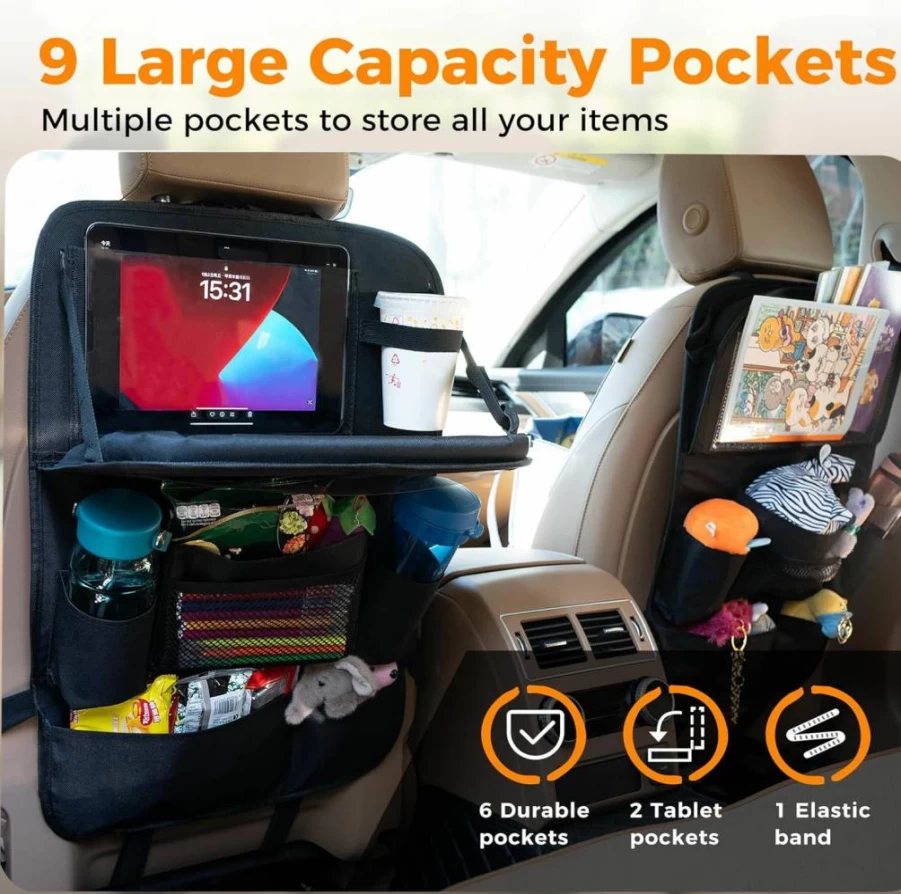 Haoxiang A-P 2 Pack Backseat Car Organizer with Foldable Tablet Holder, 9 Storage Pockets, Waterproof Seat Protector & Kick Mat for Kids Adults, Travel Essentials for Road Trips, Black