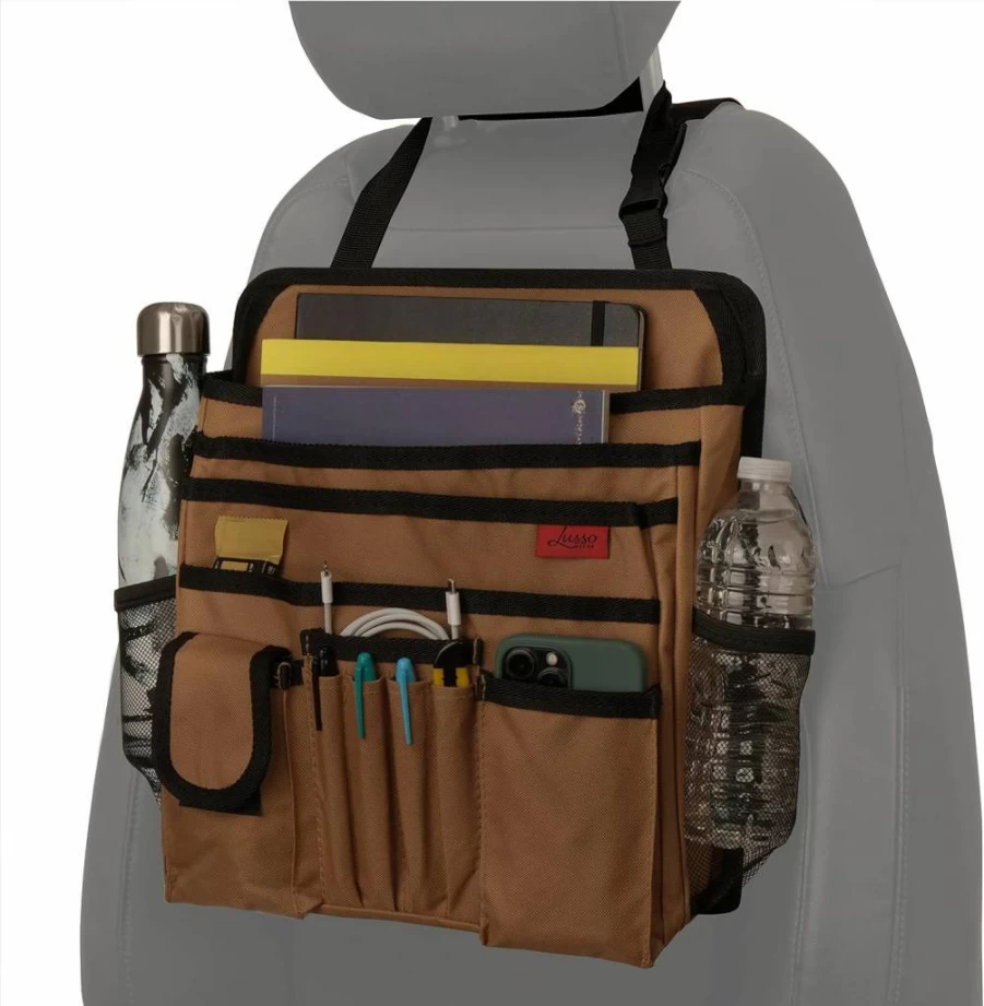 Lusso Gear Premium Car Seat Organizer for Front Seat – Ultra-Durable Tan Storage for Kids & Adults, One-Size-Fits-All Auto Accessory to Secure Supplies